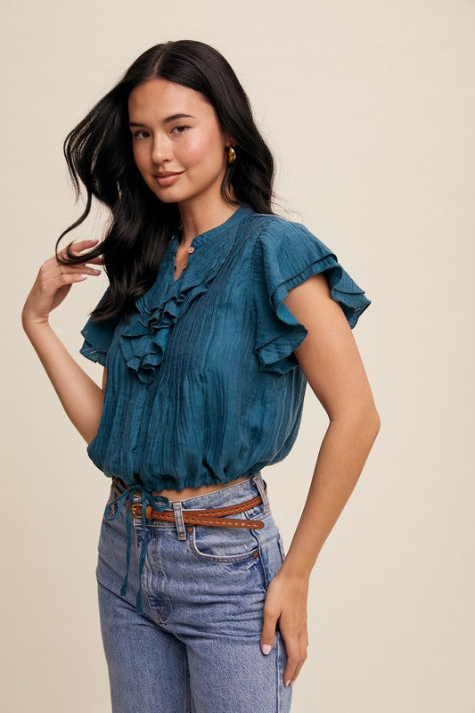 Rita Ruffled Button Front Top in Teal