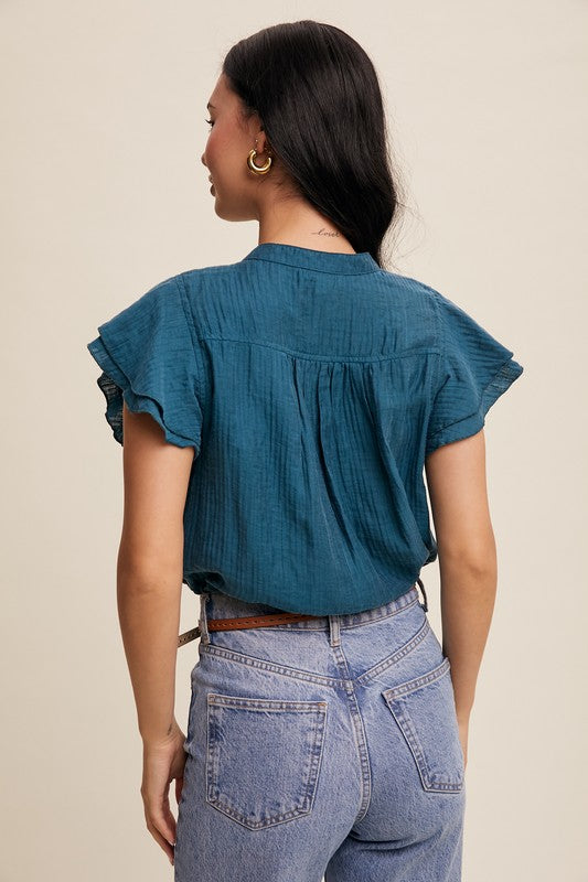 Rita Ruffled Button Front Top in Teal