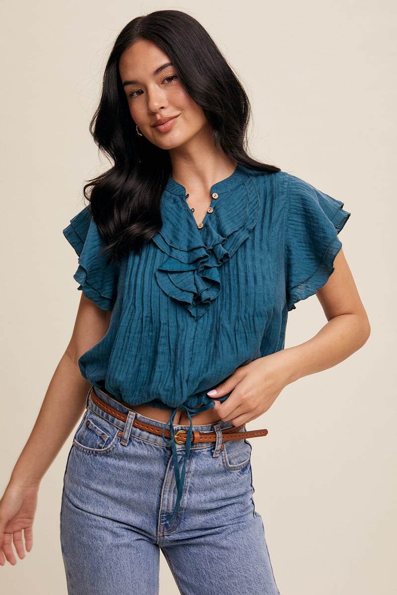 Rita Ruffled Button Front Top in Teal