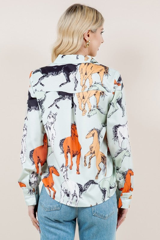 Horse Print Long Sleeve Button Down Shirt