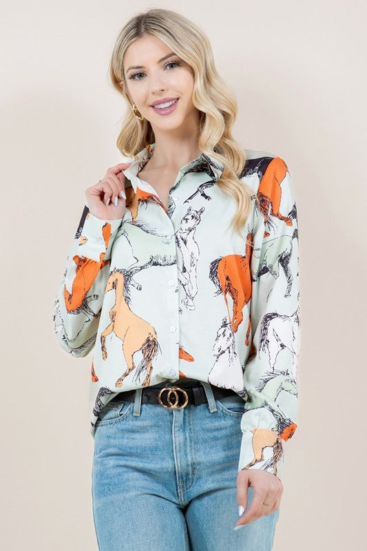 Horse Print Long Sleeve Button Down Shirt