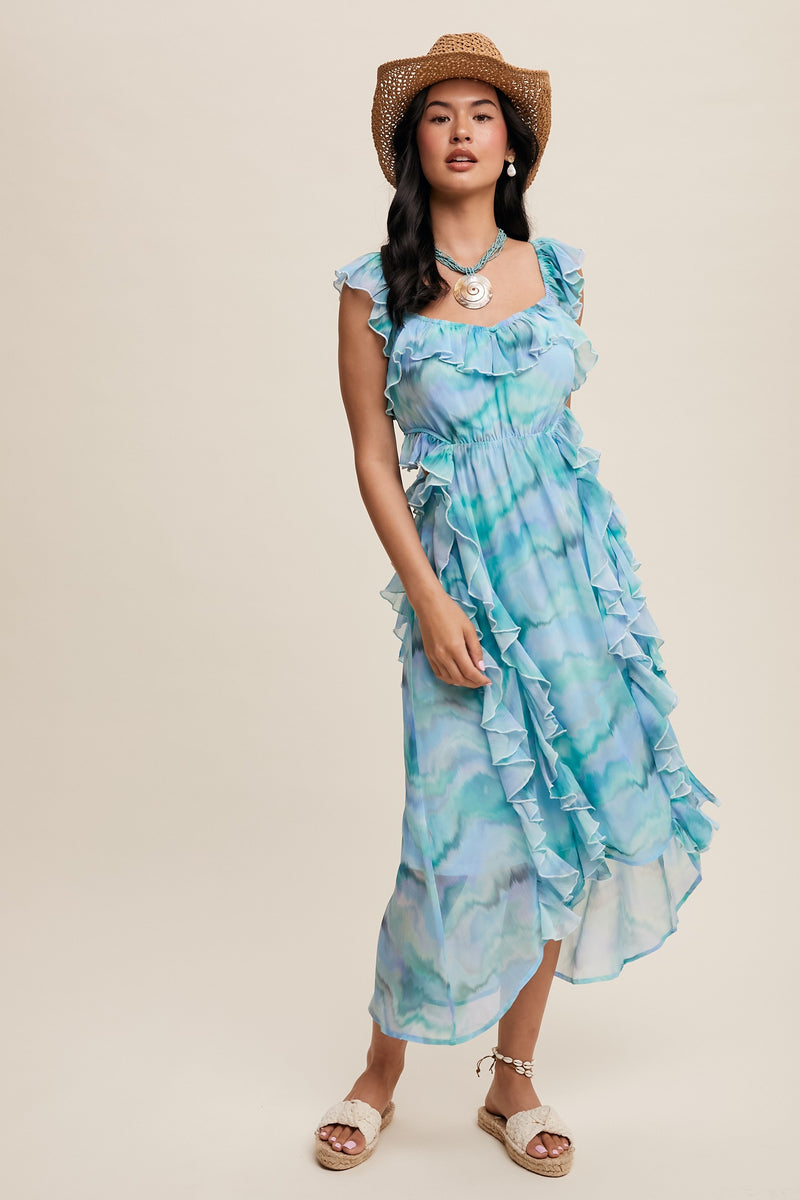 Matilda Swirl Print Ruffle Dress With Side Cut Out