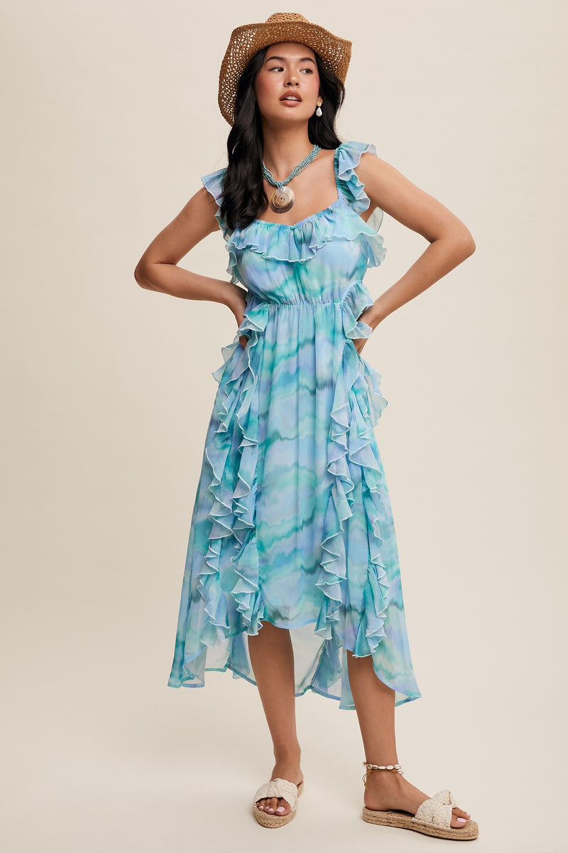 Matilda Swirl Print Ruffle Dress With Side Cut Out