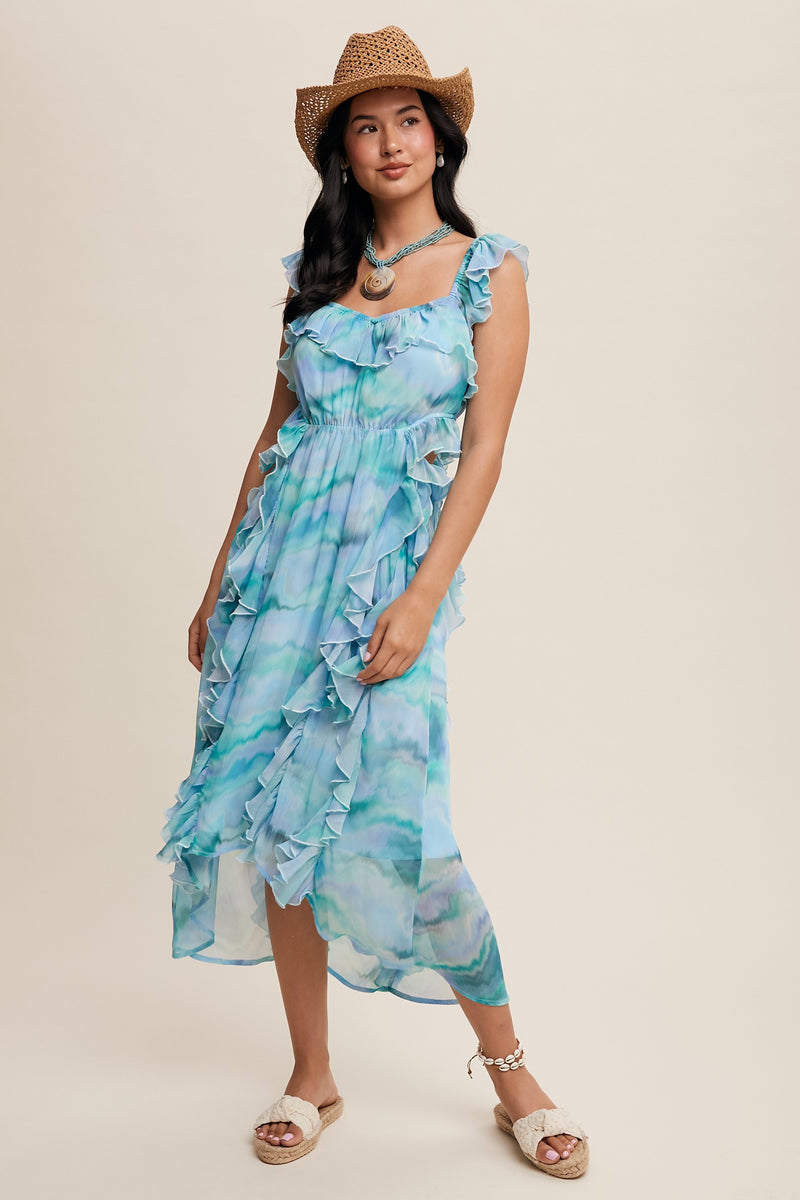 Matilda Swirl Print Ruffle Dress With Side Cut Out