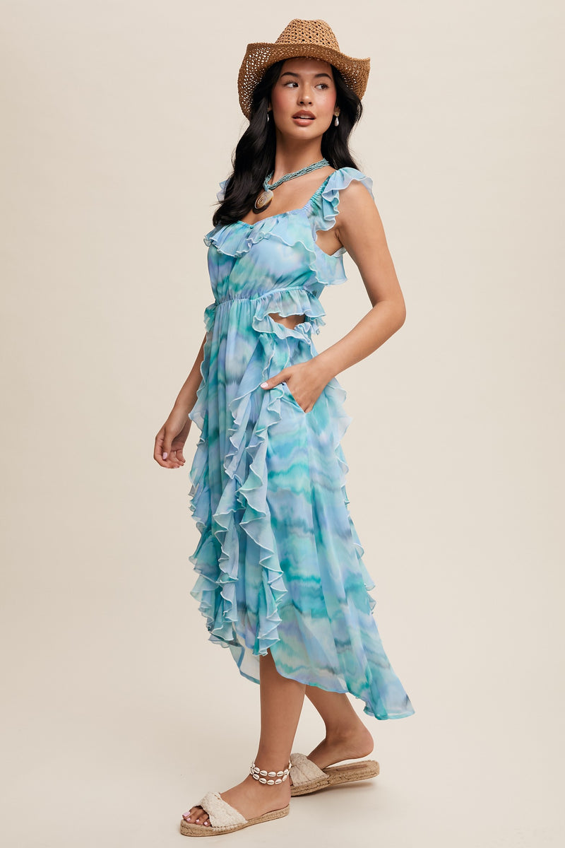 Matilda Swirl Print Ruffle Dress With Side Cut Out