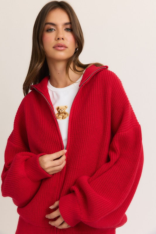 Lana Red Zip Up Oversized Sweater Cardigan