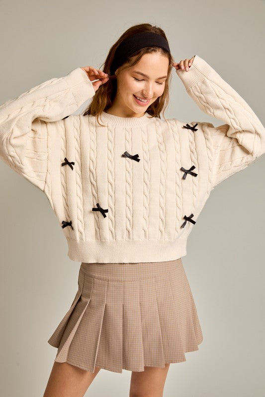 Jennifer Bow Detail Cable Knit Sweater in Cream