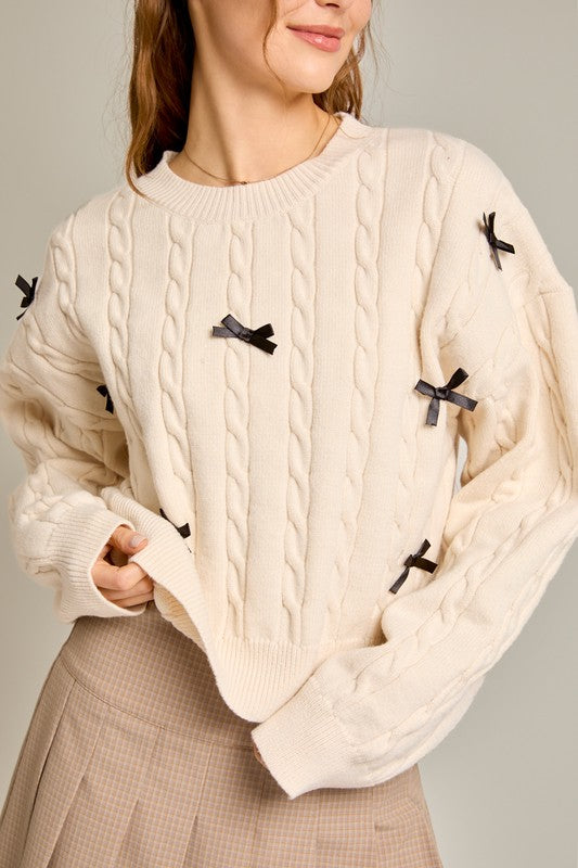 Jennifer Bow Detail Cable Knit Sweater in Cream