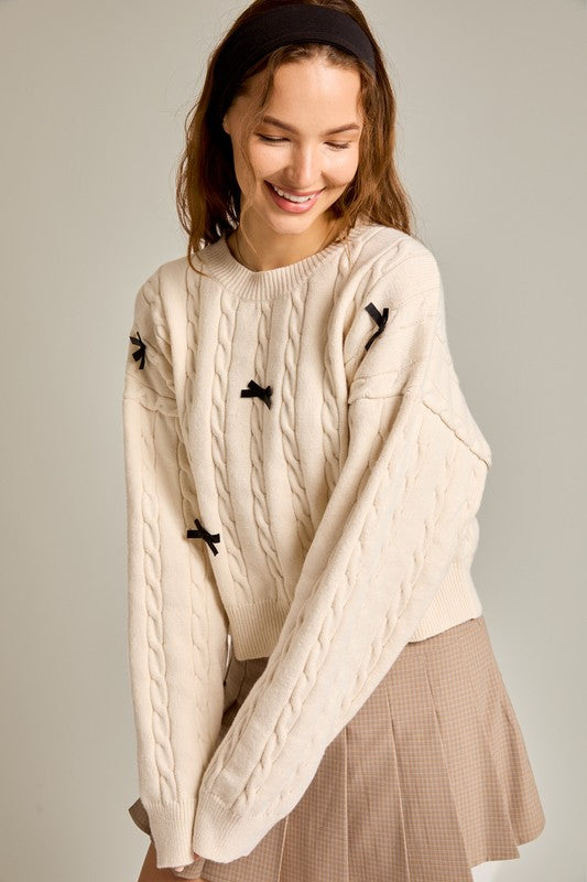 Jennifer Bow Detail Cable Knit Sweater in Cream