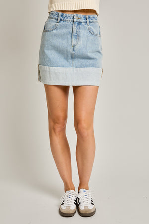 High Waisted Cuffed Denim Mini Skirt by Le Lis