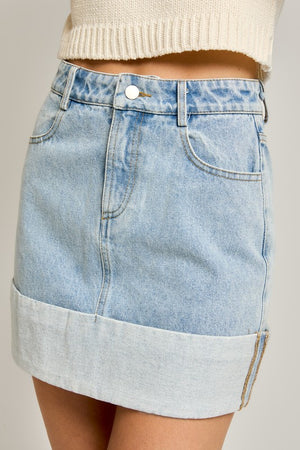 High Waisted Cuffed Denim Mini Skirt by Le Lis