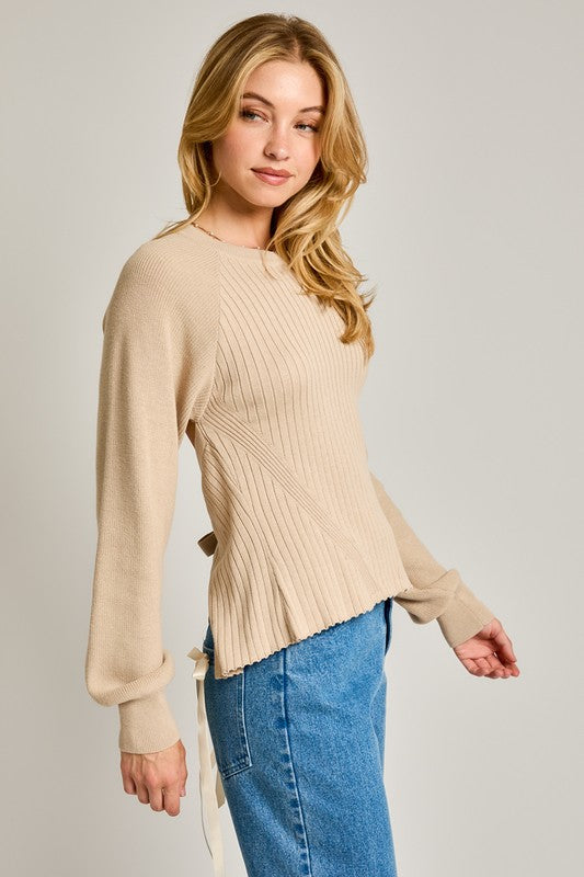 Agatha Long Sleeve Crew Neck Ribbed Open Back Sweater by Le Lis