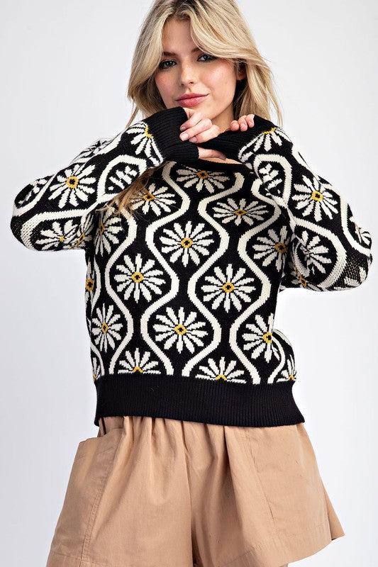 Haley Floral Print Sweater in Black