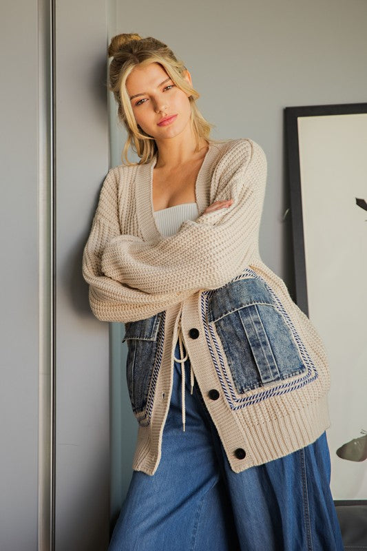 Beth Knit Cardigan With Denim Pockets