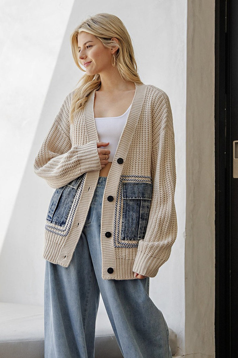 Beth Knit Cardigan With Denim Pockets