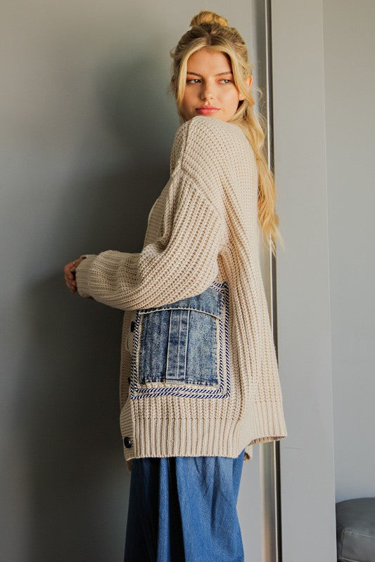 Beth Knit Cardigan With Denim Pockets