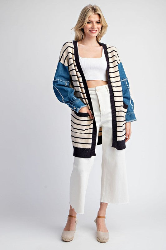 Betty Striped Cardigan With Denim Contrast Sleeves