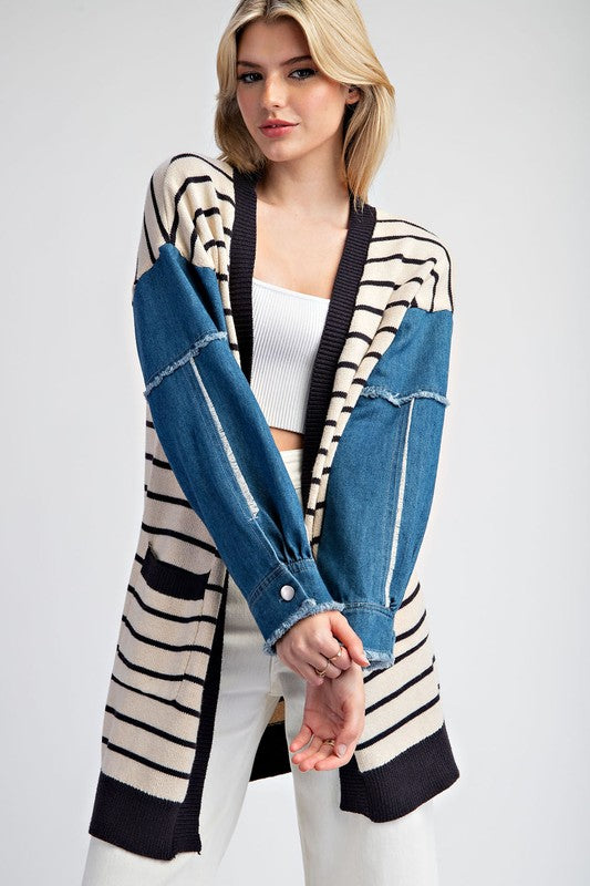 Betty Striped Cardigan With Denim Contrast Sleeves