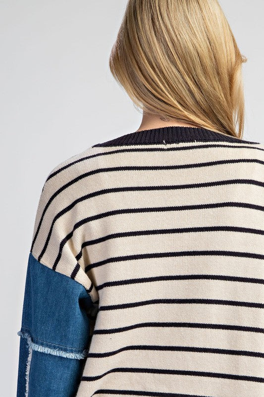 Betty Striped Cardigan With Denim Contrast Sleeves