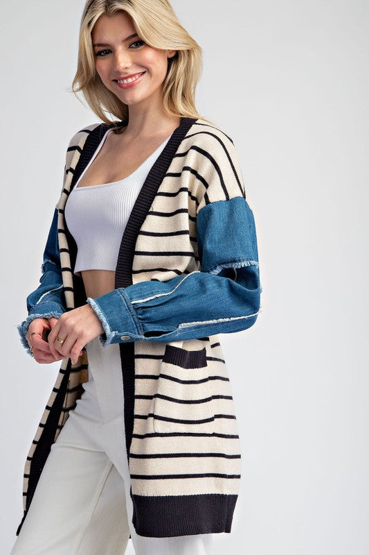 Betty Striped Cardigan With Denim Contrast Sleeves