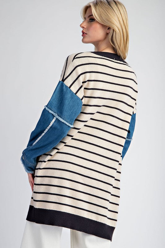 Betty Striped Cardigan With Denim Contrast Sleeves