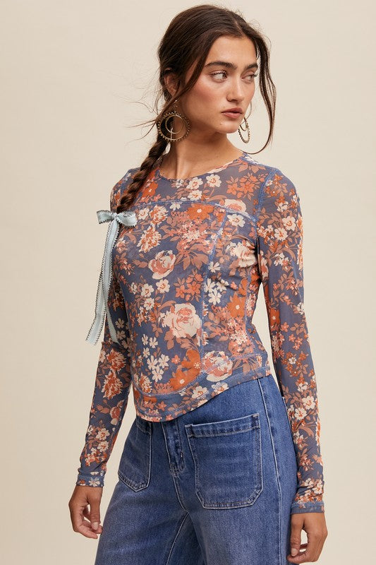 Beth Floral Print Mesh Fitted Top