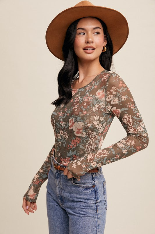 Beth Floral Print Mesh Fitted Top in Olive