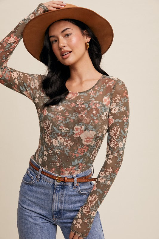 Beth Floral Print Mesh Fitted Top in Olive