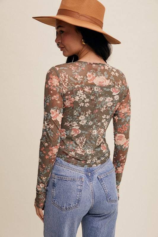 Beth Floral Print Mesh Fitted Top in Olive