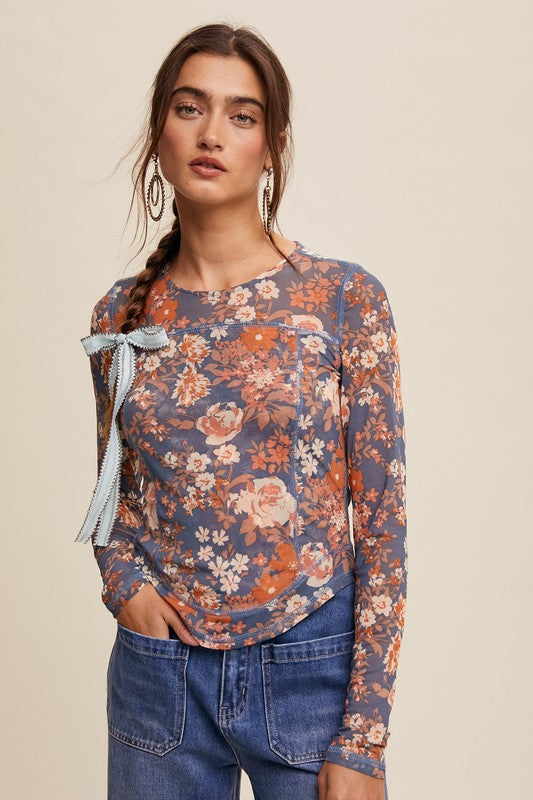 Beth Floral Print Mesh Fitted Top