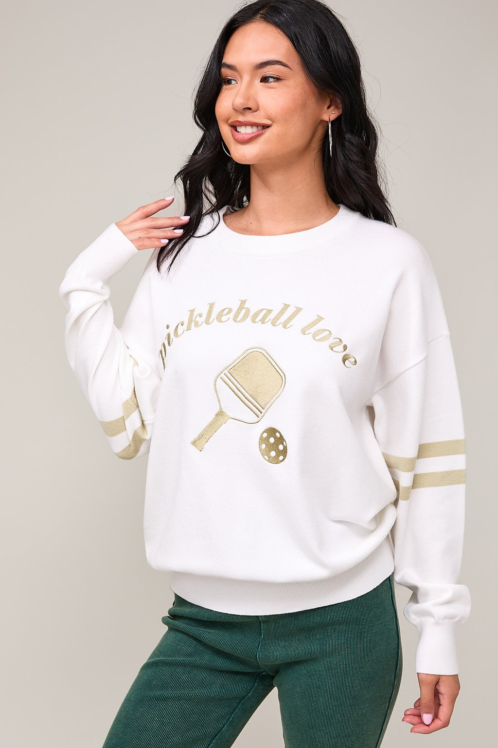 Pickleball Love Embroidered Long Sleeve Crew Neck Sweater by Le Lis