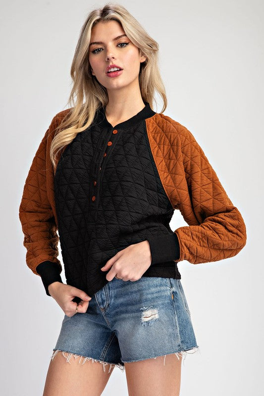 Terra Quilted Color Block Raglan Sleeve Top in Terracotta