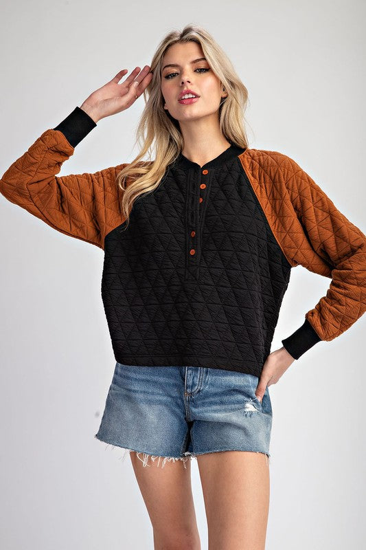 Terra Quilted Color Block Raglan Sleeve Top in Terracotta