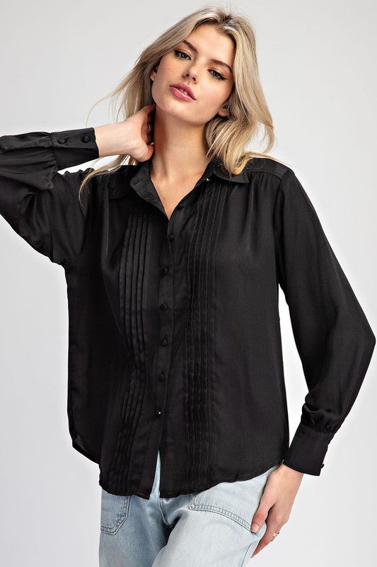 Laura Pleated Front Solid Black Blouse