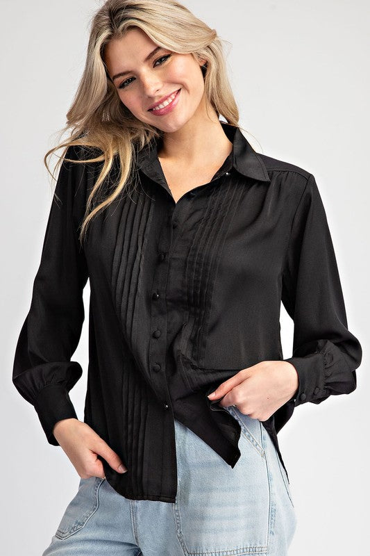 Laura Pleated Front Solid Black Blouse