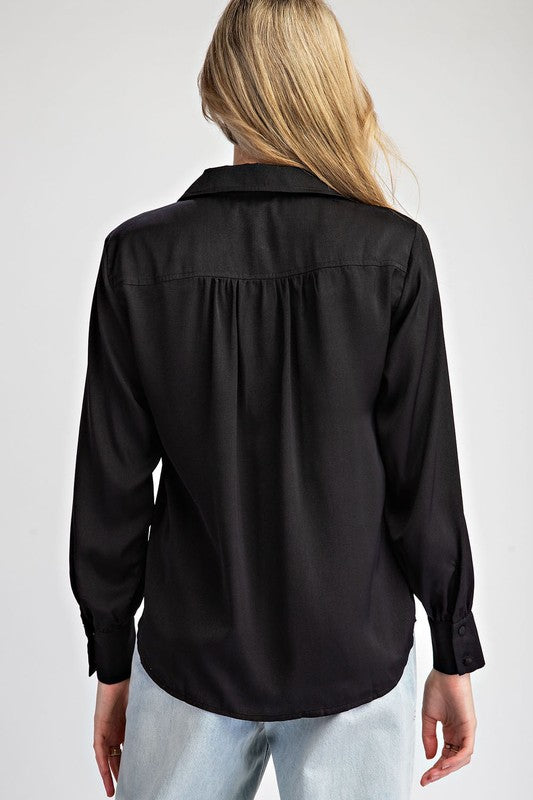 Laura Pleated Front Solid Black Blouse