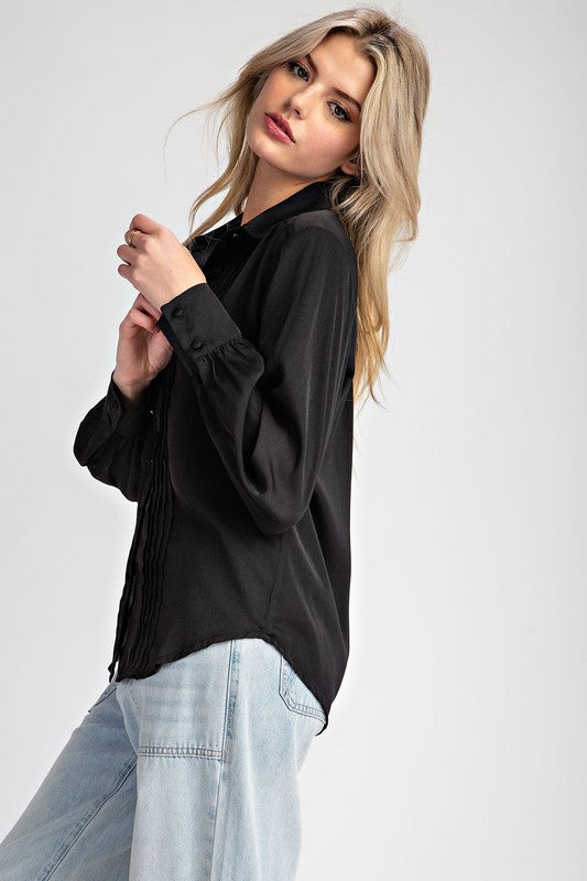 Laura Pleated Front Solid Black Blouse