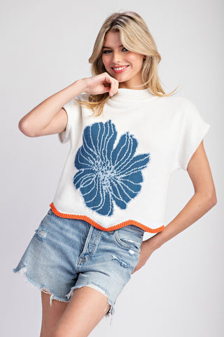 Drew Floral Printed Long Sleeve Top in Turkish Blue