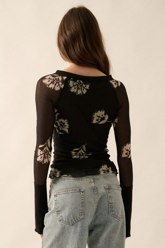 Lucy Floral Print Mesh Raglan Sleeve Henley