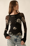 Lucy Floral Print Mesh Raglan Sleeve Henley