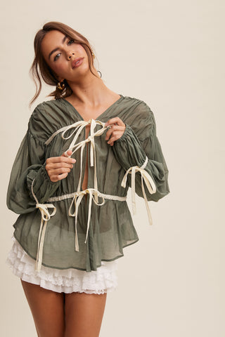 Cheyenne Embroidered Button Down Bubble Sleeve Top