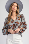 Drew Floral Printed Long Sleeve Top in Turkish Blue