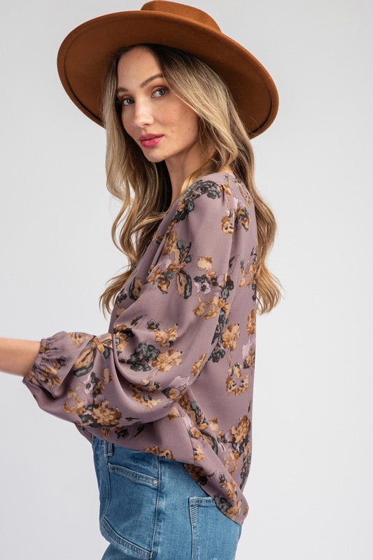 Drew Floral Printed Long Sleeve Top in Sugar Plum