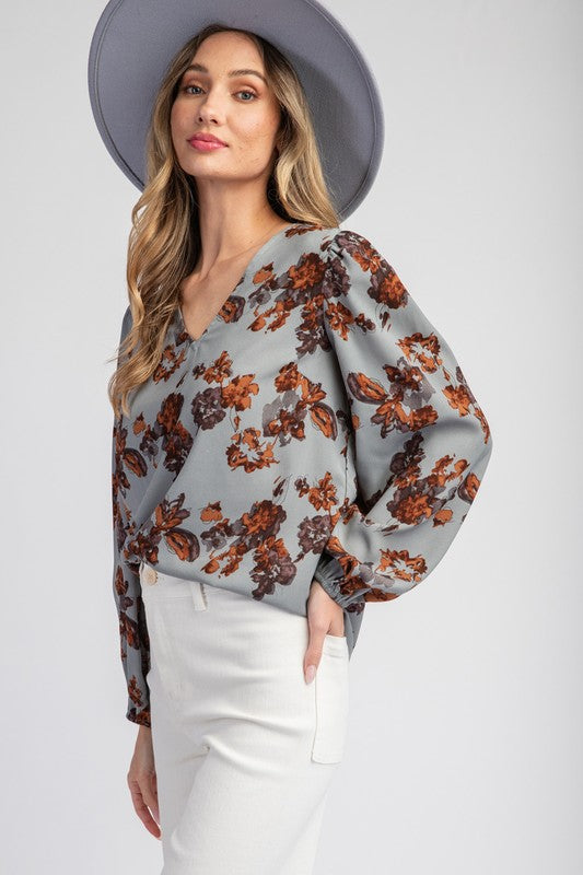 Drew Floral Printed Long Sleeve Top in Turkish Blue