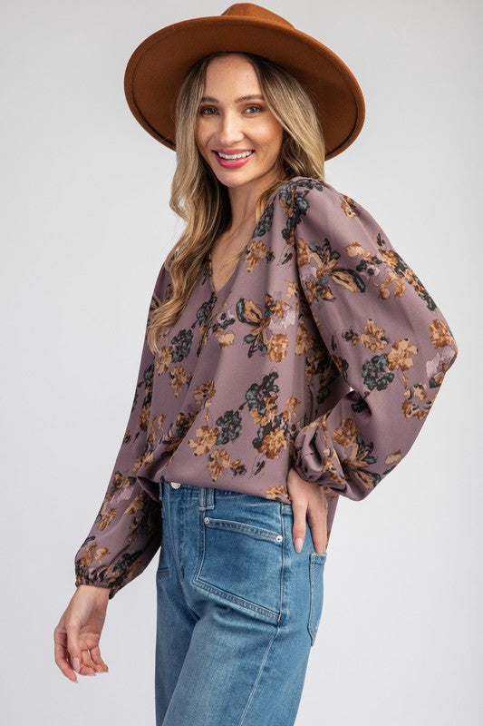 Drew Floral Printed Long Sleeve Top in Sugar Plum