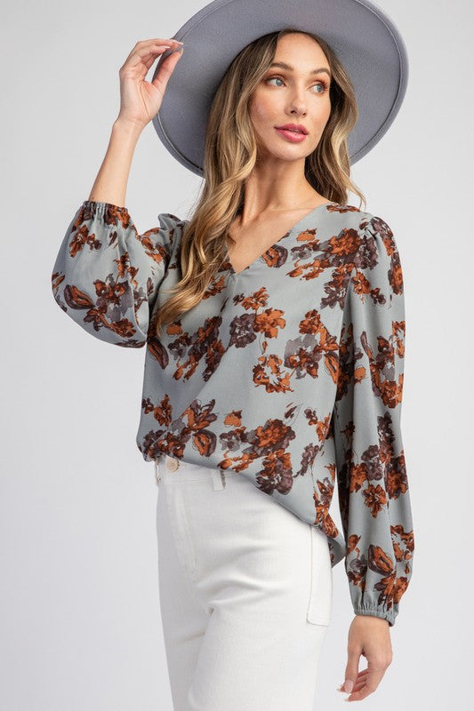 Drew Floral Printed Long Sleeve Top in Turkish Blue