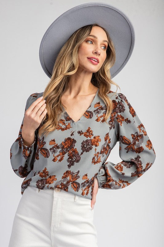 Drew Floral Printed Long Sleeve Top in Turkish Blue