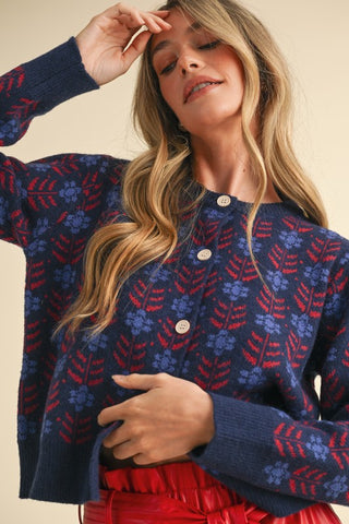 Pattie Pointelle Knit Sweater With Floral Embroidery in Electric Blue