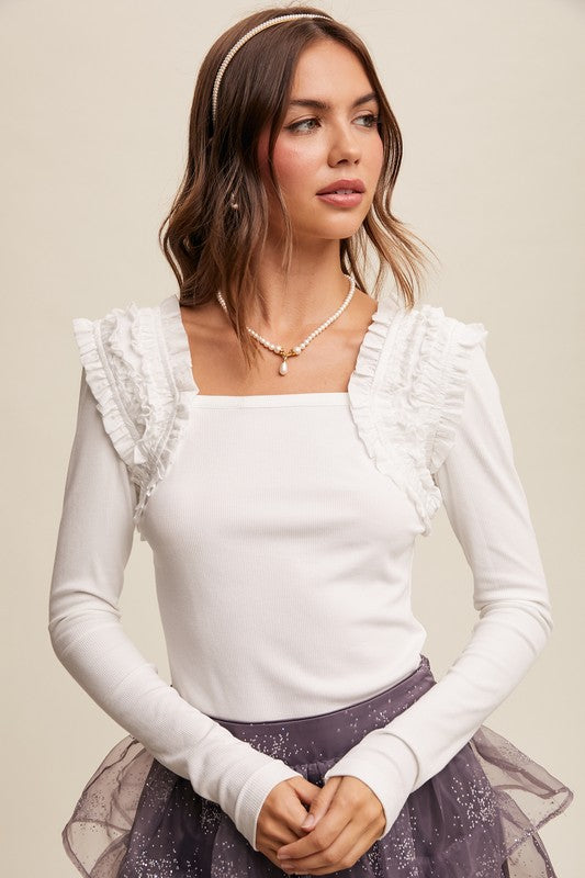 Nicole Shoulder Ruffle Accent Knit Top in Cream