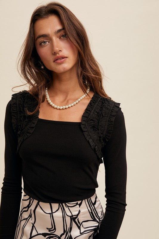 Nicole Shoulder Ruffle Accent Knit Top in Black